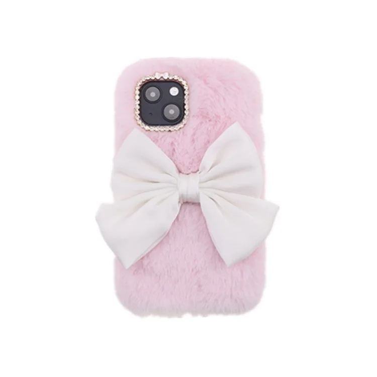 Soft Faux Fur Fluffy Warm Back Cover TPU Bumper Protective Bowknot Case with Rhinestone Decor for iPhone 13 6.1 inch - Pink