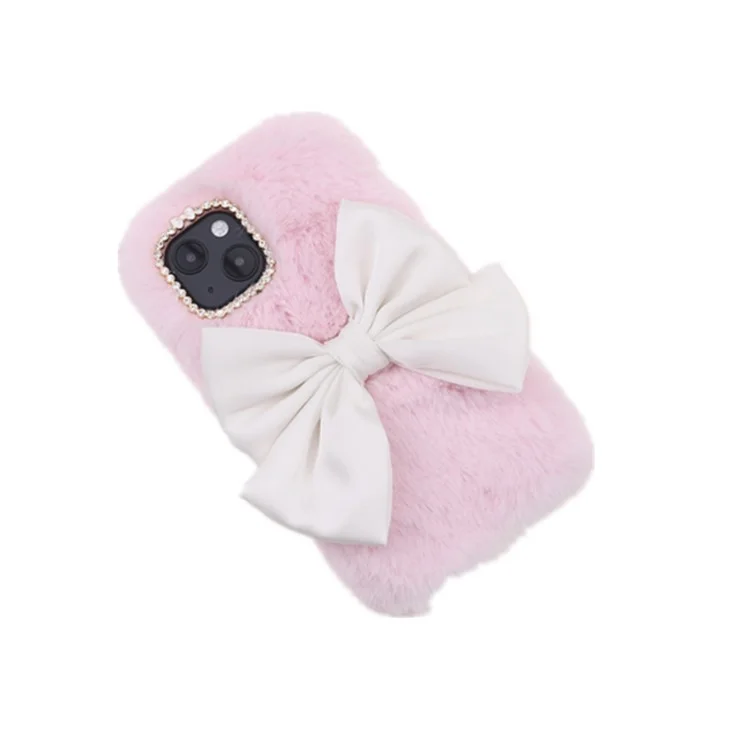 Soft Faux Fur Fluffy Warm Back Cover TPU Bumper Protective Bowknot Case with Rhinestone Decor for iPhone 13 6.1 inch - Pink