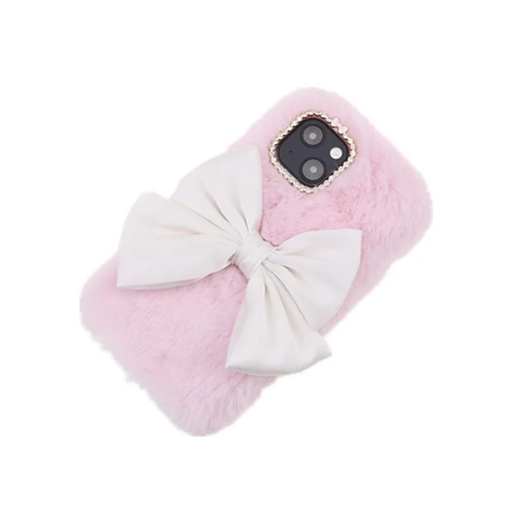 Soft Faux Fur Fluffy Warm Back Cover TPU Bumper Protective Bowknot Case with Rhinestone Decor for iPhone 13 6.1 inch - Pink