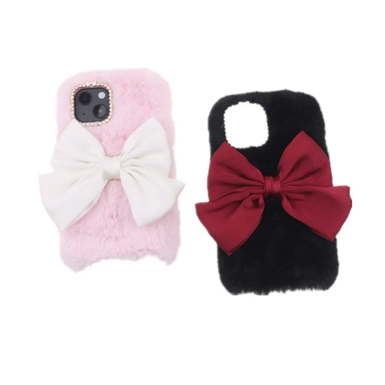 Soft Faux Fur Fluffy Warm Back Cover TPU Bumper Protective Bowknot Case with Rhinestone Decor for iPhone 13 6.1 inch - Pink