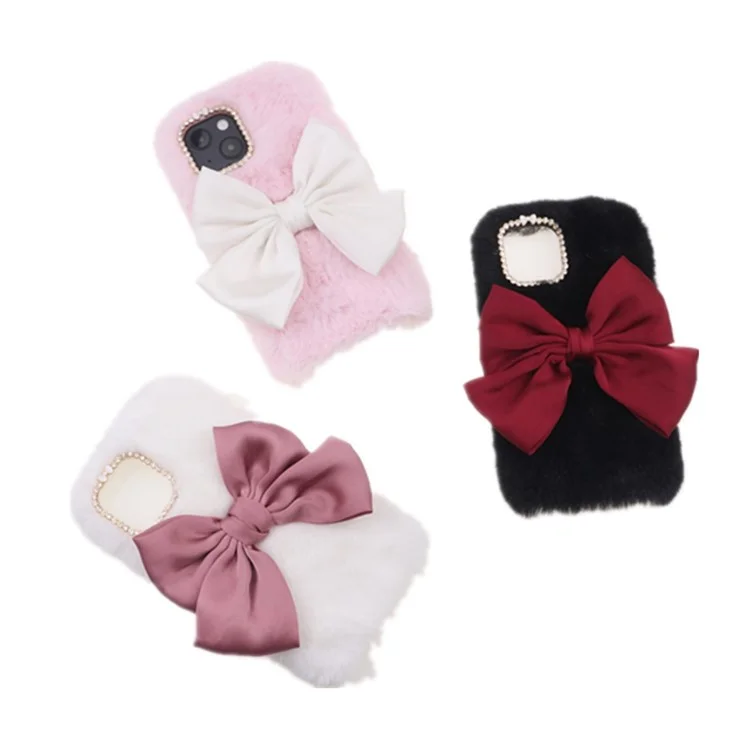 Soft Faux Fur Fluffy Warm Back Cover TPU Bumper Protective Bowknot Case with Rhinestone Decor for iPhone 13 6.1 inch - Pink