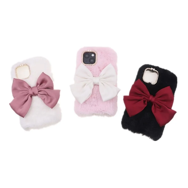 Soft Faux Fur Fluffy Warm Back Cover TPU Bumper Protective Bowknot Case with Rhinestone Decor for iPhone 13 6.1 inch - Pink