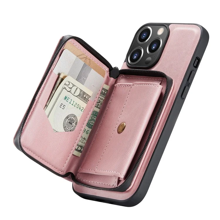Junghood-gut Geschützter Anti-Fall-magnetischer Abnehmbarer 2-in-1-Hybridgehäuse Mit Reißverschluss-Wallet Kickstand Für IPhone 13 Pro 6,1 Zoll - Rosa
