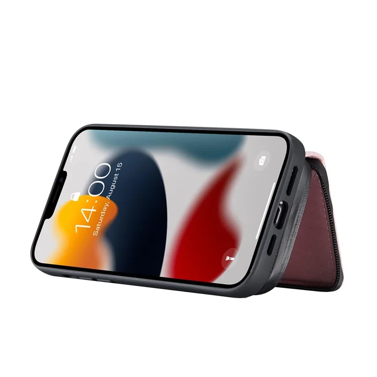 Junghood-gut Geschützter Anti-Fall-magnetischer Abnehmbarer 2-in-1-Hybridgehäuse Mit Reißverschluss-Wallet Kickstand Für IPhone 13 Pro 6,1 Zoll - Rosa