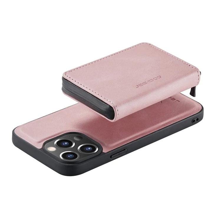 Junghood-gut Geschützter Anti-Fall-magnetischer Abnehmbarer 2-in-1-Hybridgehäuse Mit Reißverschluss-Wallet Kickstand Für IPhone 13 Pro 6,1 Zoll - Rosa