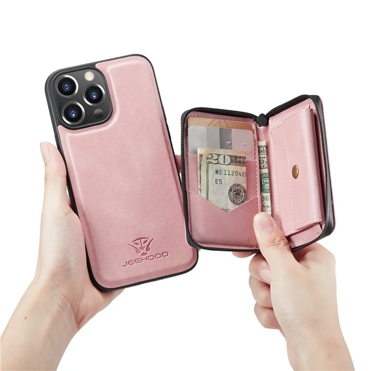 Junghood-gut Geschützter Anti-Fall-magnetischer Abnehmbarer 2-in-1-Hybridgehäuse Mit Reißverschluss-Wallet Kickstand Für IPhone 13 Pro 6,1 Zoll - Rosa