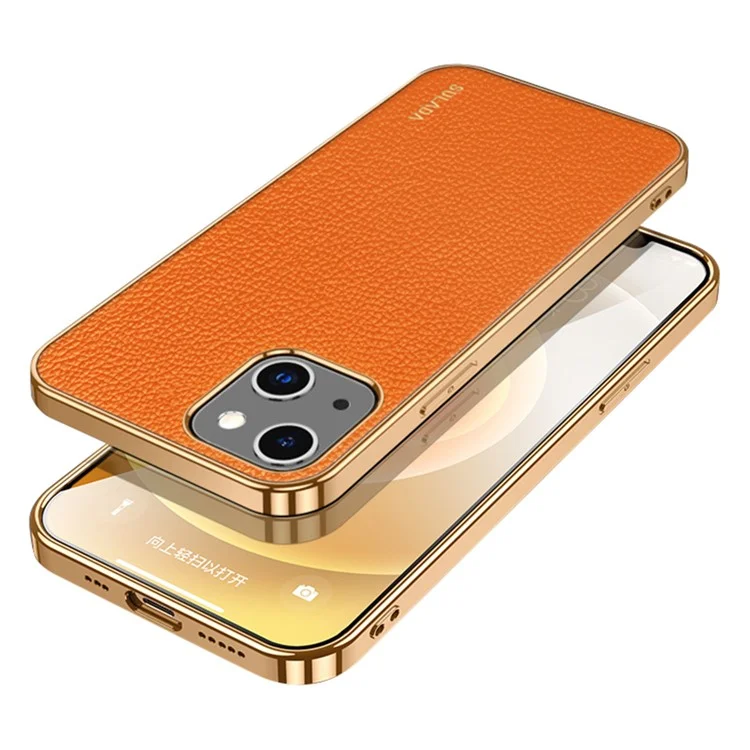 SULADA Scratch-Resistant Light Litchi Texture Stylish Electroplating Frame PU Leather Coated Hybrid Phone Case for iPhone 13 6.1 inch - Orange
