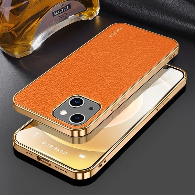 SULADA Scratch-Resistant Light Litchi Texture Stylish Electroplating Frame PU Leather Coated Hybrid Phone Case for iPhone 13 6.1 inch - Orange