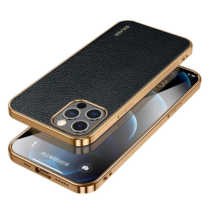 SULADA Electroplating Frame Well-Protected Litchi Texture PU Leather Coated Hybrid Phone Case for iPhone 13 Pro Max 6.7 inch - Black