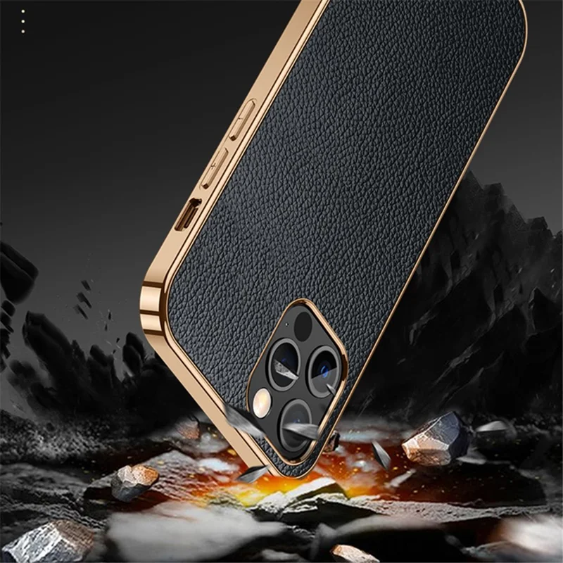 SULADA Electroplating Frame Well-Protected Litchi Texture PU Leather Coated Hybrid Phone Case for iPhone 13 Pro Max 6.7 inch - Black
