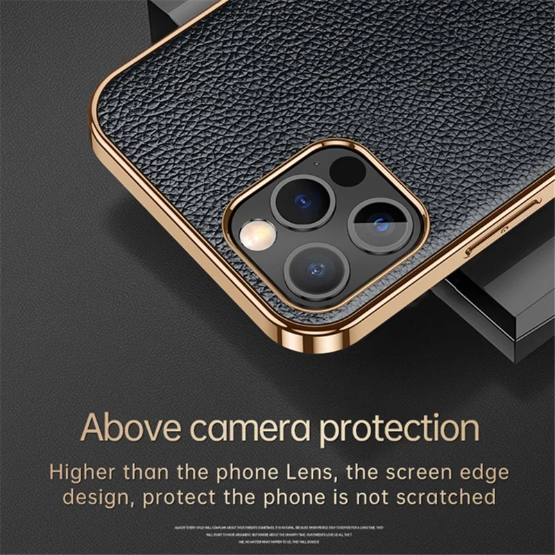SULADA Electroplating Frame Well-Protected Litchi Texture PU Leather Coated Hybrid Phone Case for iPhone 13 Pro Max 6.7 inch - Black