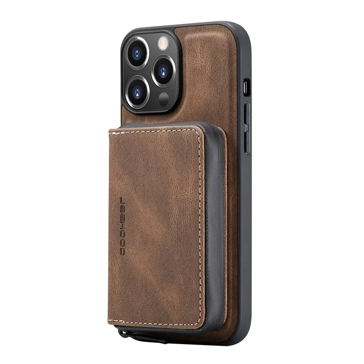 JEEHOOD Detachable 2-in-1 Magnetic Design Phone Case Kickstand Wallet Leather Coated TPU Phone Cover for iPhone 13 - Brown