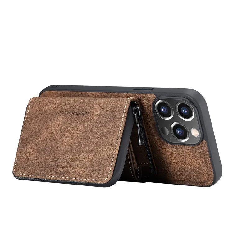 JEEHOOD Detachable 2-in-1 Magnetic Design Phone Case Kickstand Wallet Leather Coated TPU Phone Cover for iPhone 13 - Brown