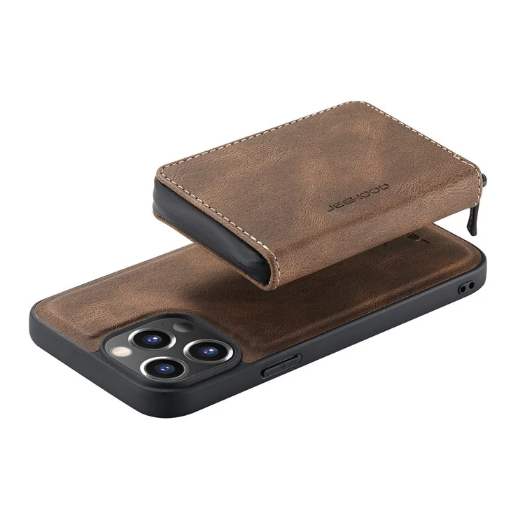 JEEHOOD Detachable 2-in-1 Magnetic Design Phone Case Kickstand Wallet Leather Coated TPU Phone Cover for iPhone 13 - Brown