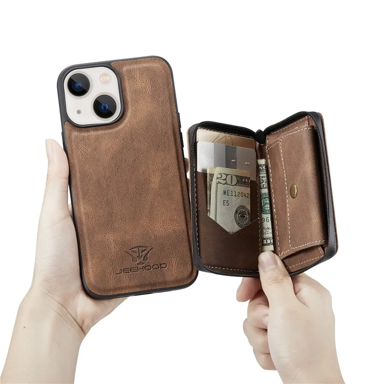 JEEHOOD Kickstand Design Gut Geschützte Magnetische Abnehmbare 2-in-1 Hybrid Tasche Mit Reißverschluss Geldbörse Für IPhone 13 Mini 5,4 Zoll - Braun