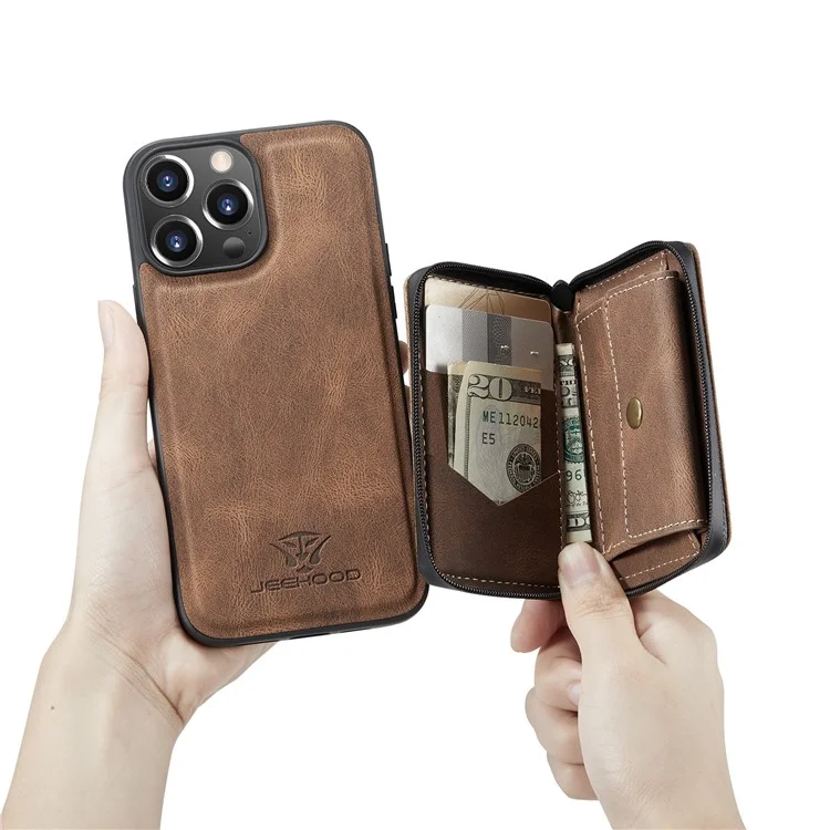 JEEHOOD Kickstand Design Gut Geschützte Magnetische Abnehmbare 2-in-1 Hybrid Tasche Mit Reißverschluss Geldbörse Für IPhone 13 Mini 5,4 Zoll - Braun