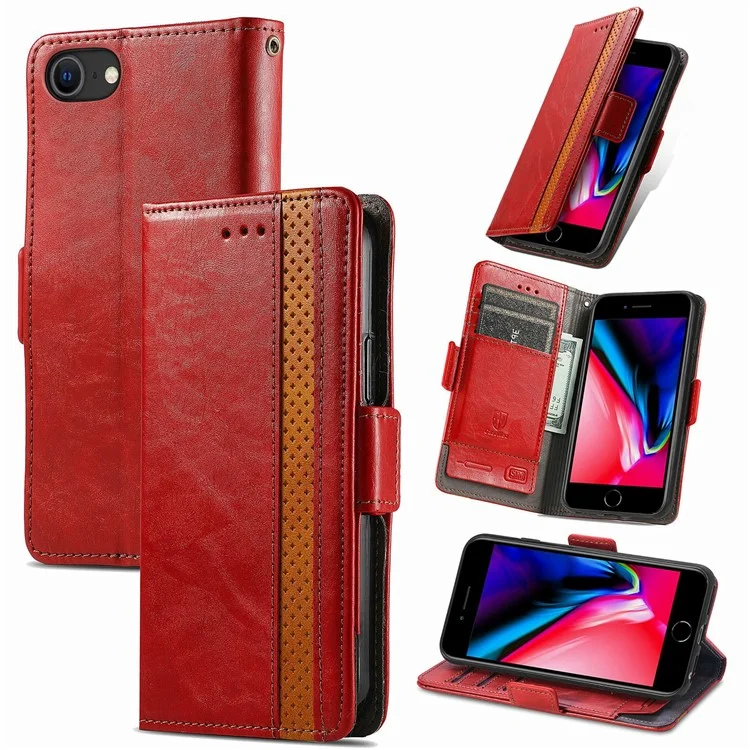 For iPhone SE (2022) / SE (2020) / 8 / 7 / 6 Phone Cases CASENEO PU Leather Cover Stand with RFID Blocking Wallet - Red