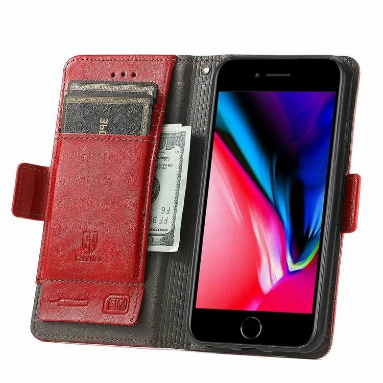 For iPhone SE (2022) / SE (2020) / 8 / 7 / 6 Phone Cases CASENEO PU Leather Cover Stand with RFID Blocking Wallet - Red