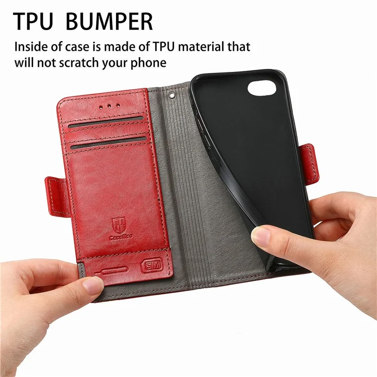 For iPhone SE (2022) / SE (2020) / 8 / 7 / 6 Phone Cases CASENEO PU Leather Cover Stand with RFID Blocking Wallet - Red