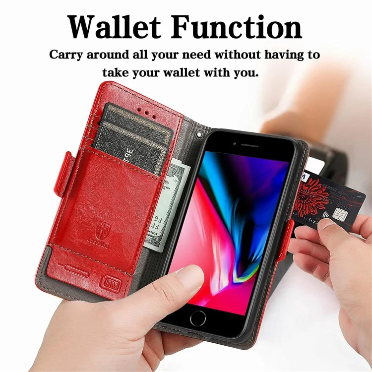 For iPhone SE (2022) / SE (2020) / 8 / 7 / 6 Phone Cases CASENEO PU Leather Cover Stand with RFID Blocking Wallet - Red