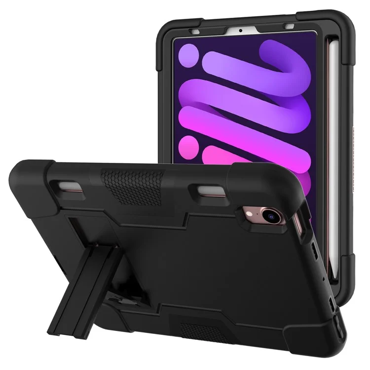 Contrast Color PC + TPU + Silicone Shockproof Tablet Case Cover with Kickstand for iPad mini (2024) / mini (2021) - Black / Black