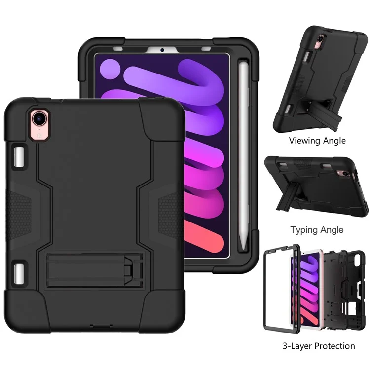 Contrast Color PC + TPU + Silicone Shockproof Tablet Case Cover with Kickstand for iPad mini (2024) / mini (2021) - Black / Black