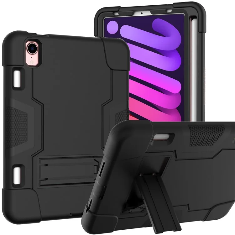 Contrast Color PC + TPU + Silicone Shockproof Tablet Case Cover with Kickstand for iPad mini (2024) / mini (2021) - Black / Black