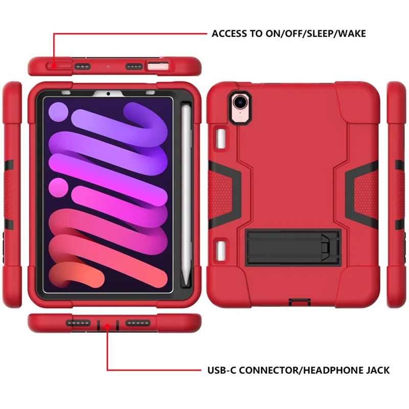 Contrast Color PC + TPU + Silicone Shockproof Tablet Case Cover with Kickstand for iPad mini (2024) / mini (2021) - Red / Black