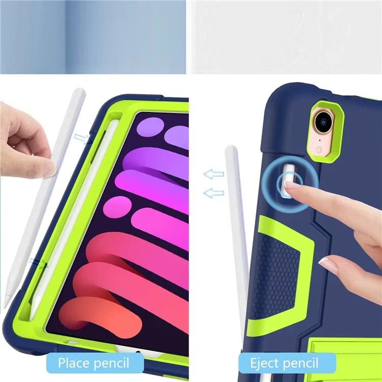 Couleur de Contraste PC + TPU + Couverture de Boîtier de Tablette à Choc en Silicone Avec Degs-pied Pour Ipad Mini (2021) - Bleu Marine / Vert Jaune