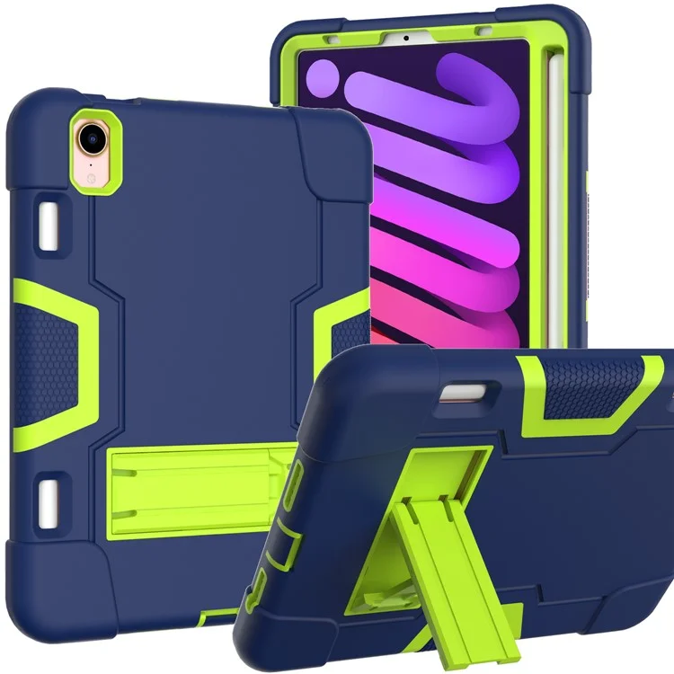 Couleur de Contraste PC + TPU + Couverture de Boîtier de Tablette à Choc en Silicone Avec Degs-pied Pour Ipad Mini (2021) - Bleu Marine / Vert Jaune