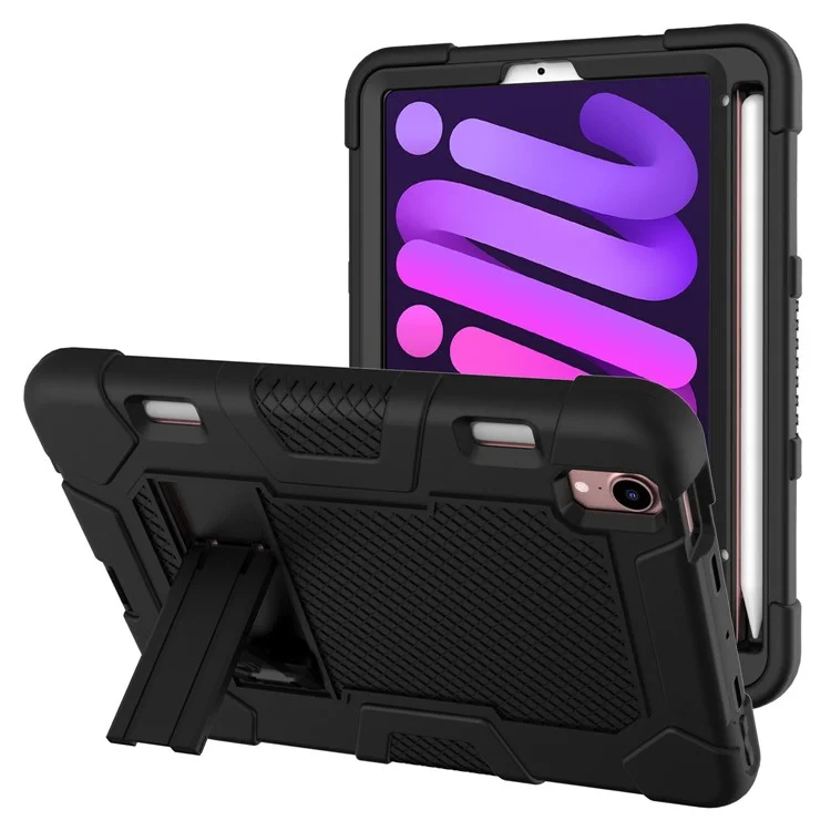 PC + TPU + Silicone Contrast Color Kickstand Tablet Case Shell for iPad mini (2024) / mini (2021) - Black / Black
