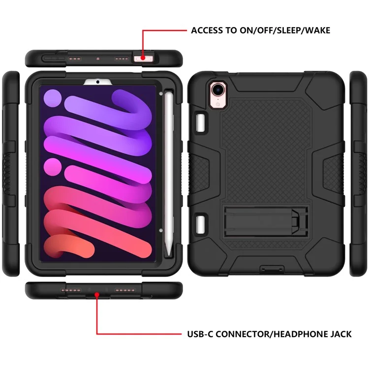 PC + TPU + Silicone Contrast Color Kickstand Tablet Case Shell for iPad mini (2024) / mini (2021) - Black / Black