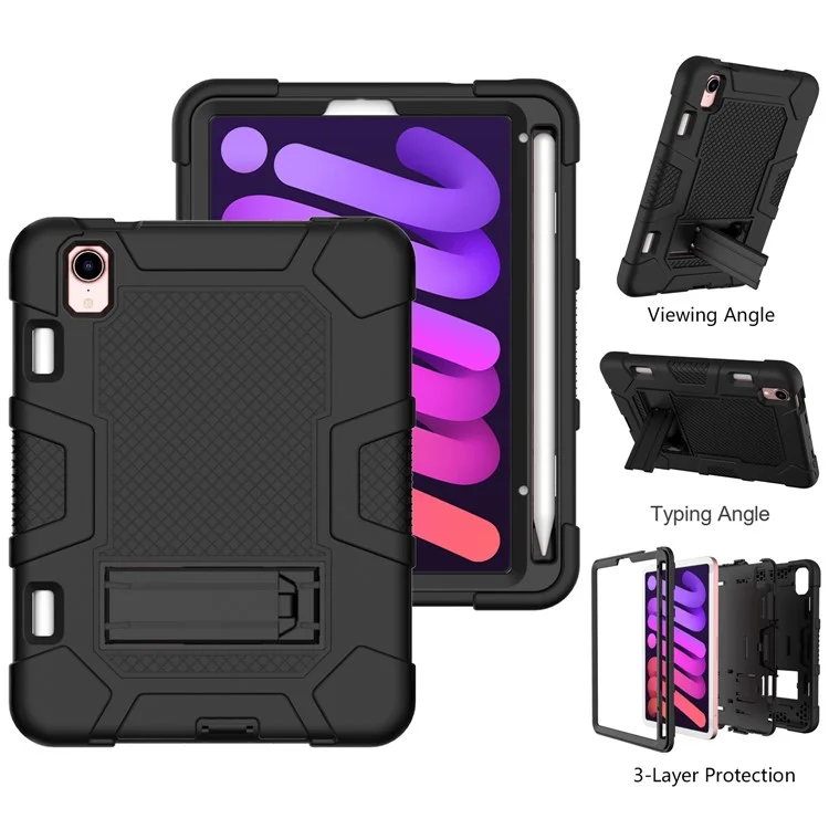 PC + TPU + Silicone Contrast Color Kickstand Tablet Case Shell for iPad mini (2024) / mini (2021) - Black / Black