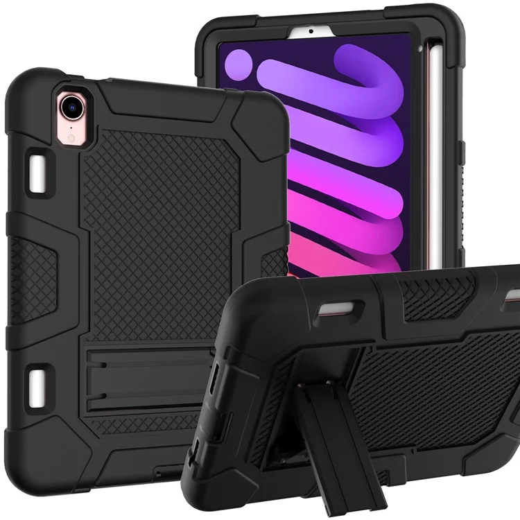 PC + TPU + Silicone Contrast Color Kickstand Tablet Case Shell for iPad mini (2024) / mini (2021) - Black / Black