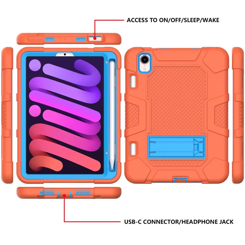 Obudowa tabletu z podstawką i kontrastowym kolorem PC + TPU + silikon na iPad mini (2024) / mini (2021) - Pomarańczowy / Niebieski