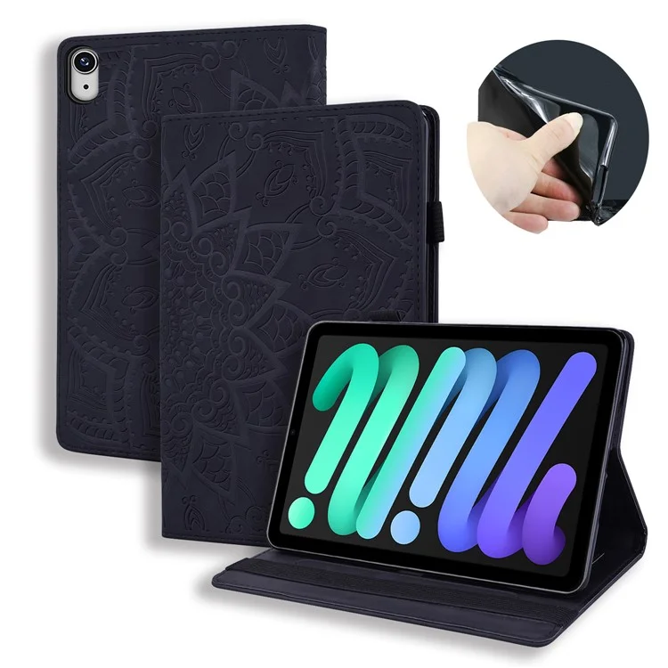 Flower Pattern Imprinting Leather Tablet Stand Cover with Card Slots for iPad mini (2021)/mini 6 - Black