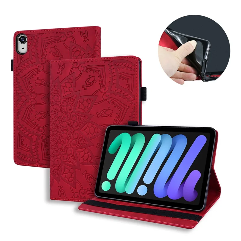 Flower Pattern Imprinting Leather Tablet Stand Cover with Card Slots for iPad mini (2024) / mini (2021) / mini 6 - Red