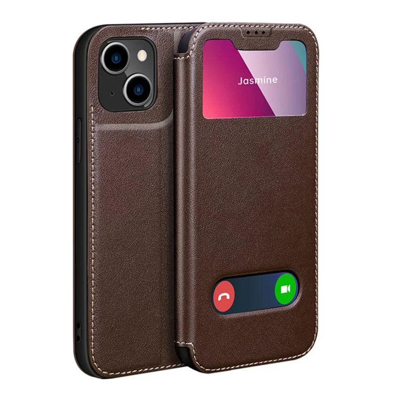 Shock Resistant Phone Case View Window Function Genuine Leather Stand Phone Shell Cover for iPhone 13 6.1 inch - Brown