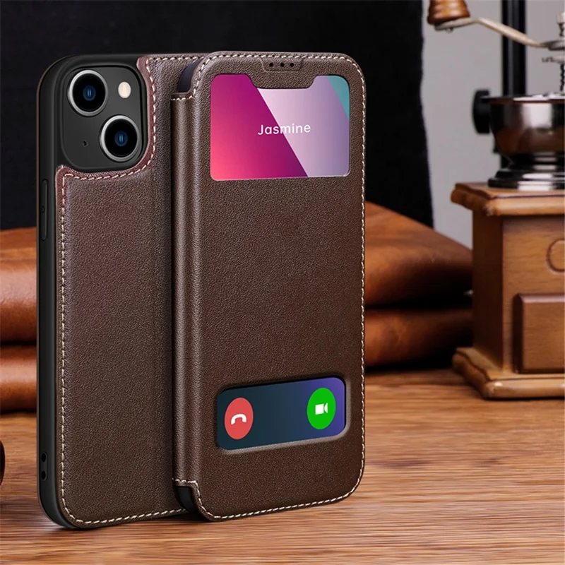 Shock Resistant Phone Case View Window Function Genuine Leather Stand Phone Shell Cover for iPhone 13 6.1 inch - Brown
