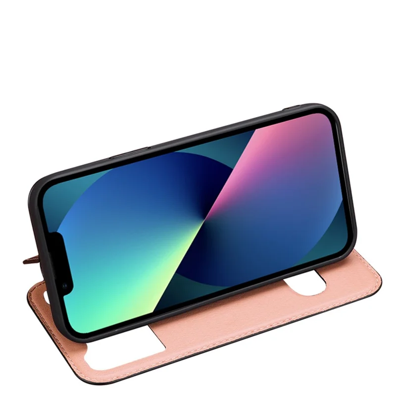 Shock Resistant Phone Case View Window Function Genuine Leather Stand Phone Shell Cover for iPhone 13 6.1 inch - Brown