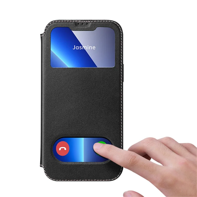 Shock Resistant Phone Case View Window Function Genuine Leather Stand Phone Shell Cover for iPhone 13 6.1 inch - Brown