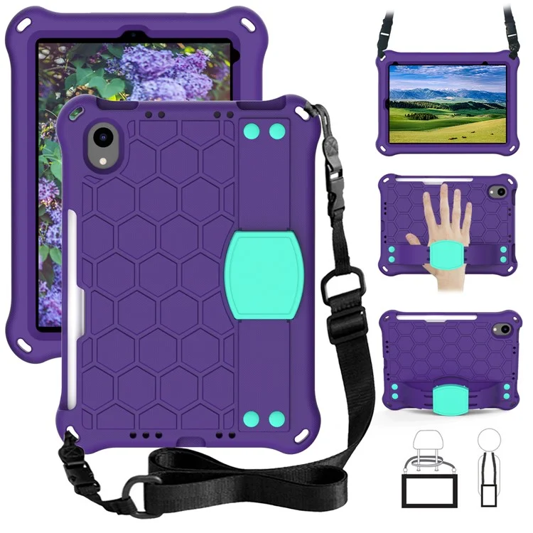 Texture en Nid D'abeille Eva Tablet Shell Avec Bandoulière Pour Ipad Mini (2021) - Violet / Vert Clair
