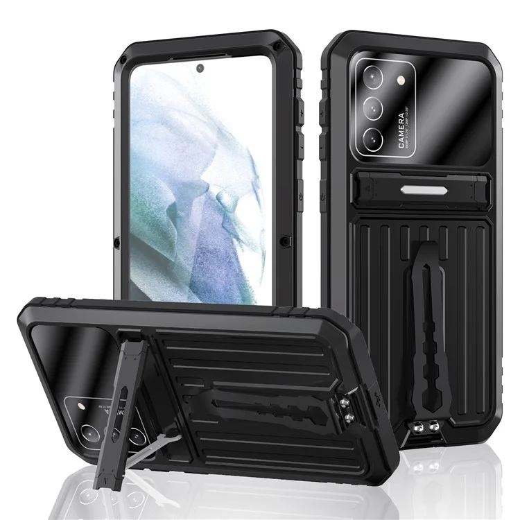 Military Grade Shockproof TPU + Metal Kickstand Hybrid Phone Case Cover with Tempered Glass Screen Protector for Samsung Galaxy S21 4G/5G - Black