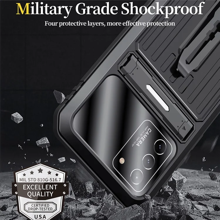Military Grade Shockproof TPU + Metal Kickstand Hybrid Phone Case Cover with Tempered Glass Screen Protector for Samsung Galaxy S21 4G/5G - Black