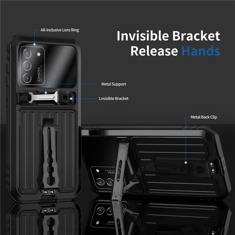 Military Grade Shockproof TPU + Metal Kickstand Hybrid Phone Case Cover with Tempered Glass Screen Protector for Samsung Galaxy S21 4G/5G - Black
