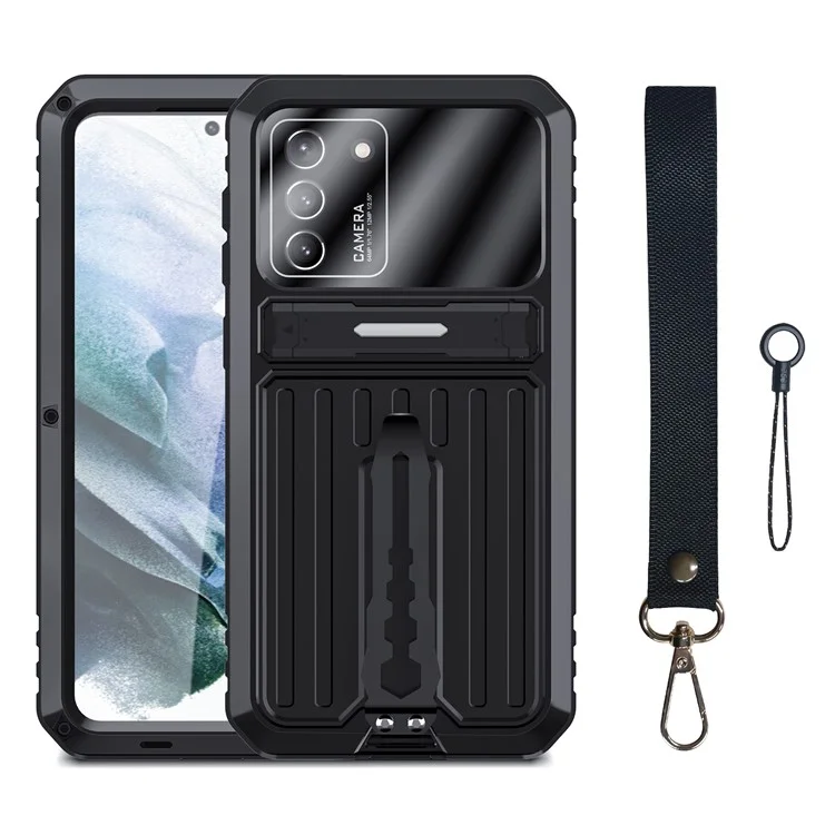 Military Grade Shockproof TPU + Metal Kickstand Hybrid Phone Case Cover with Tempered Glass Screen Protector for Samsung Galaxy S21 4G/5G - Black