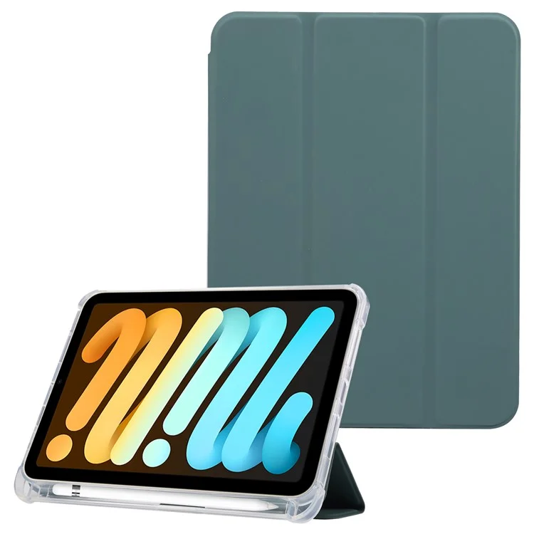 Skin Touch Sentier Tri-Plier Stand PU Tablette Tablette Tablette Coque De Protection Avec Stylo Slot Pour IPad Mini (2021) - Vert De Minuit