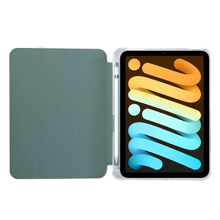 Skin Touch Sentier Tri-Plier Stand PU Tablette Tablette Tablette Coque De Protection Avec Stylo Slot Pour IPad Mini (2021) - Vert De Minuit