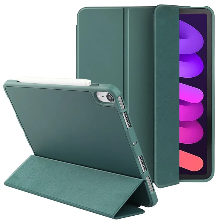 Tri-fold Stand Microfiber Leather + TPU + Silicone Smart Tablet Case Para Ipad Mini (2021) - Verde Escuro