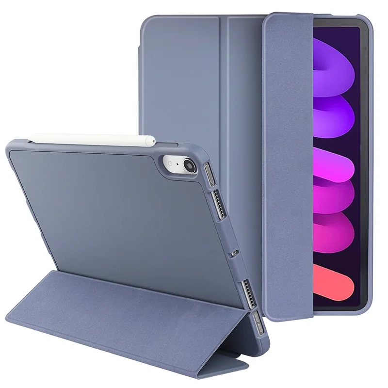 Tri-fold ställ mikrofiberläderväska + TPU + silikon för surfplatta med smartvila för iPad mini (2024) / mini (2021) - Blå